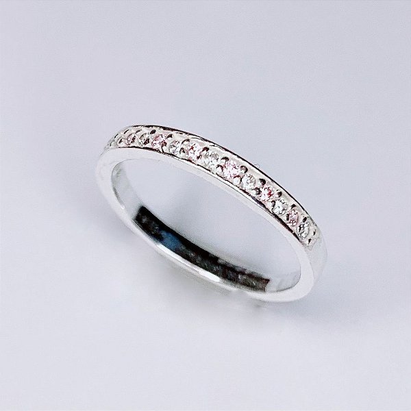 Anel Meia Aliança Cravejada Rosa Claro + incolor - Prata 925