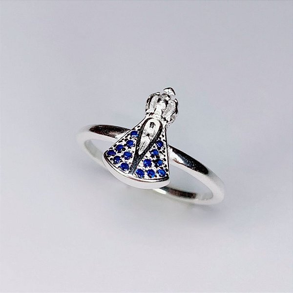 Anel Nossa Senhora Cravejado Azul - Prata 925
