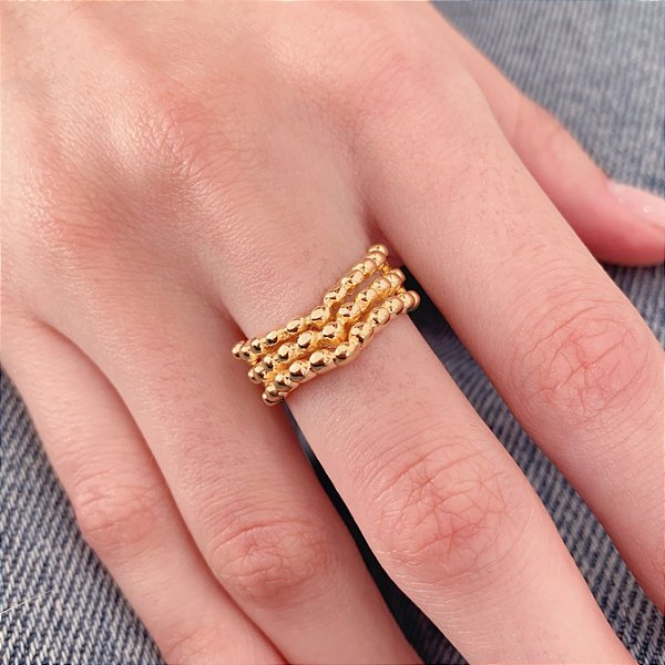 Anel 3 Pontas Bolinhas - Banho a Ouro 18k