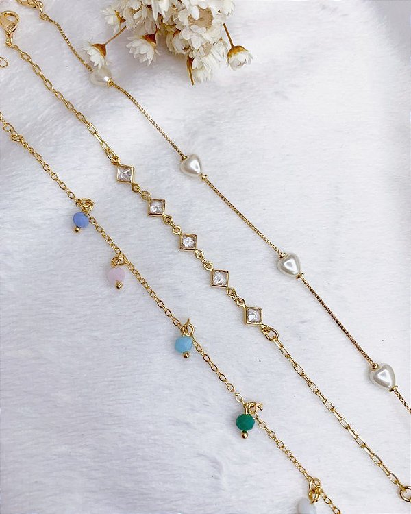 Pulseira Veneziana c/ Corações Perolados 22cm - Banho de Ouro 18k