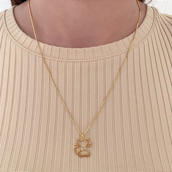 Colar Pingente Gatinho Vazado 45cm - Banho de Ouro 18k