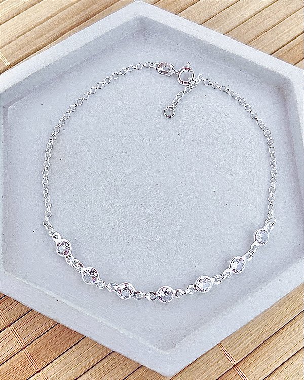 Tornozeleira 7 Zircônias Elo Português - Prata 925