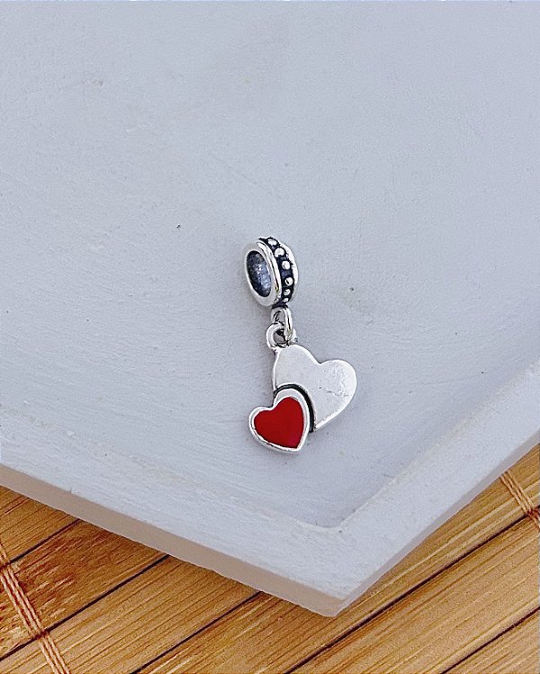 Berloque Coração Duplo Resinado Vermelho - Prata 925