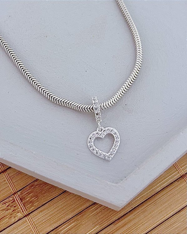 Berloque Coração Vazado Cravejado - Prata 925