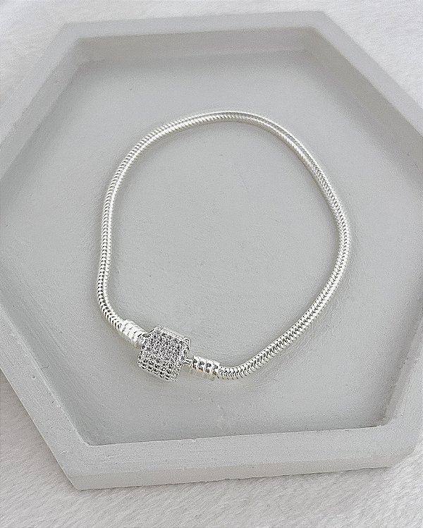 Pulseira Para Berloque Tradicional Fecho Cravejado - Prata 925
