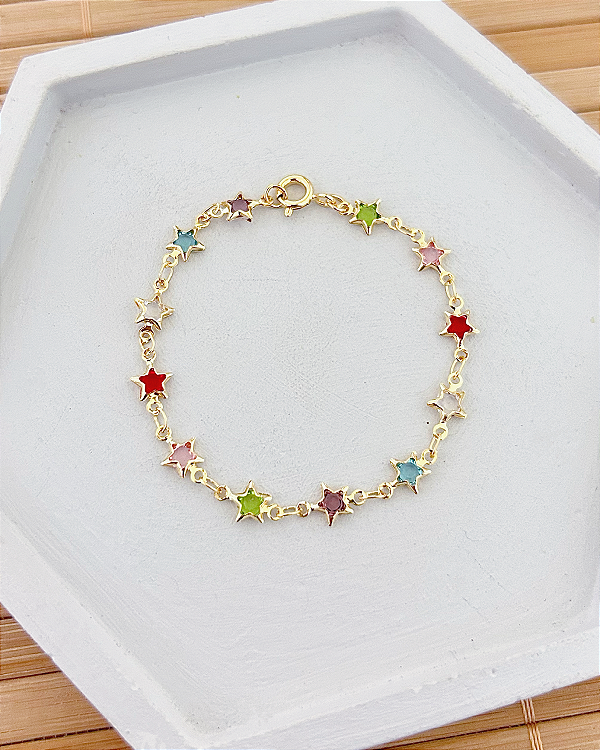 Pulseira Infantil Estrela Coloridas 15cm - Banho de Ouro 18k