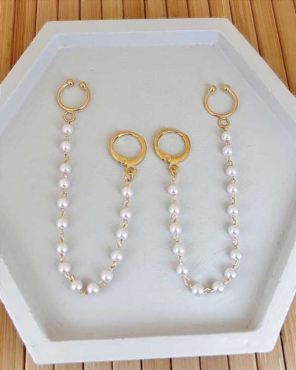 Brinco Ear Line Perola com Argolinha e Piercing Fake 10cm - Banho de Ouro 18k