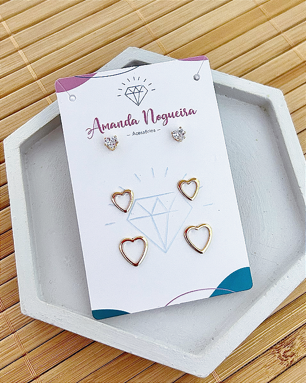 Brinco Trio Zircônia e 2 Corações Vazados - Banho de Ouro 18k