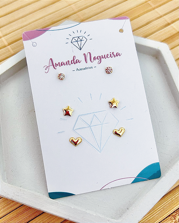 Brinco Trio Zircônia, Estrela e Coração - Banho de Ouro 18k