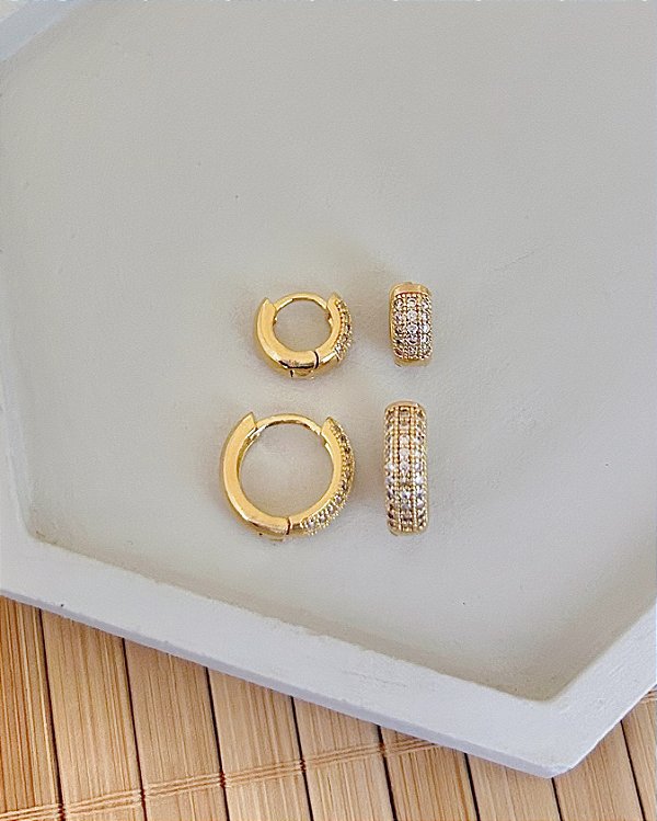 Brinco Duo Argolinha Cravejada - Banho de Ouro 18k
