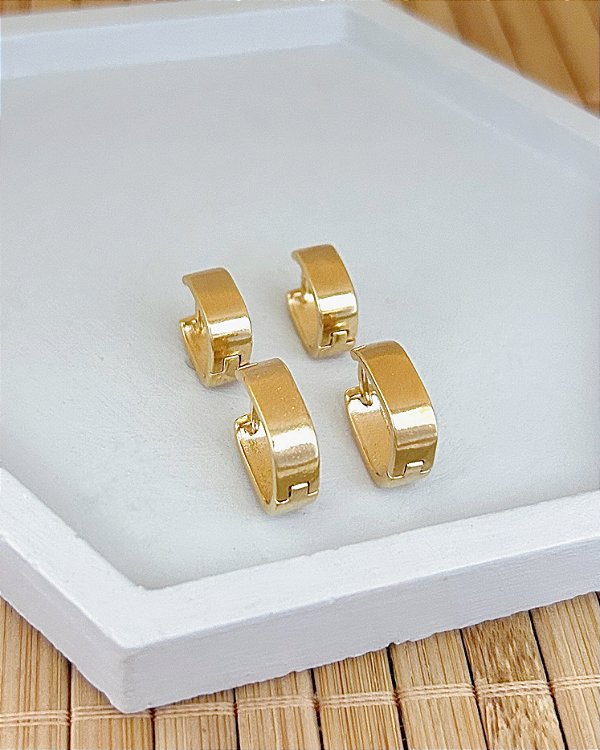 Brinco Duo Argolinha Quadrada Lisa - Banho de Ouro 18k