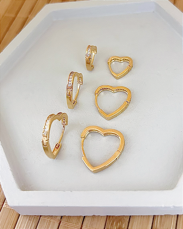 Brinco Trio de Argolinha Coração Cravejada - Banho de Ouro 18k