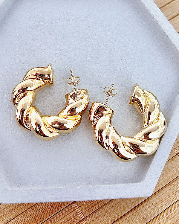 Brinco Argola Tubo Torcida Grossa 3,3cm - Banho de Ouro 18k