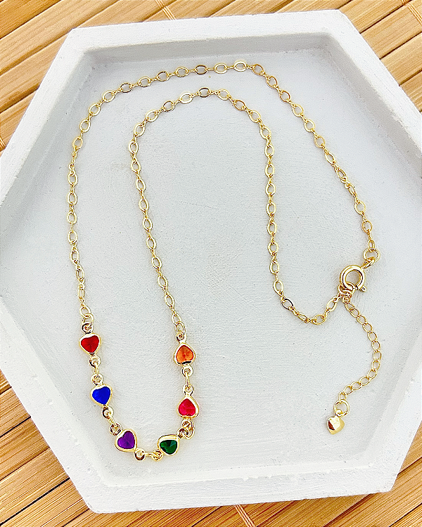 Colar Infantil 6 Corações Coloridos 37cm - Banho de Ouro 18k