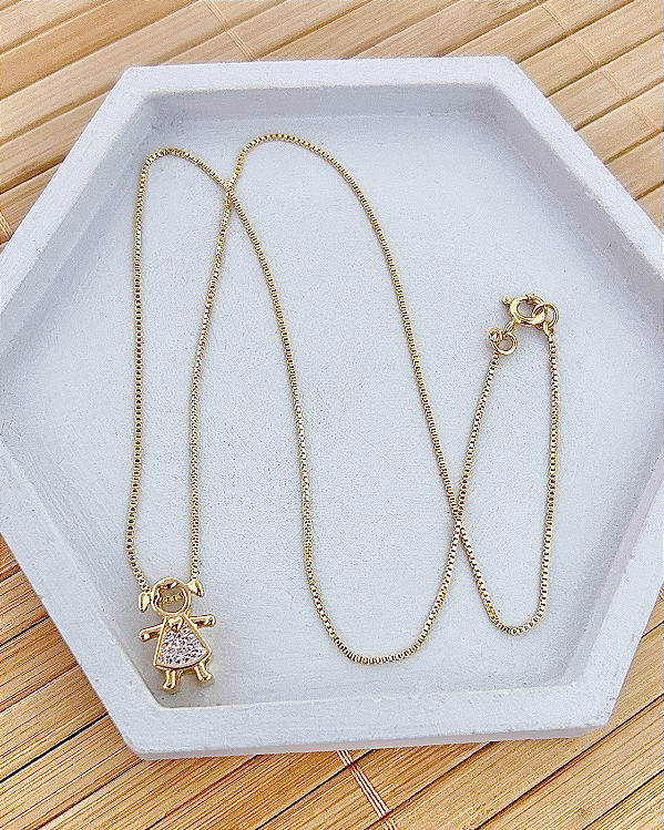 Colar Menina Cravejada Vazada 45cm - Banho de Ouro 18k