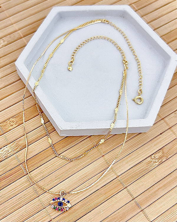 Colar Chocker Dupla Olho Grego Colorida 40cm - Banho de Ouro 18k