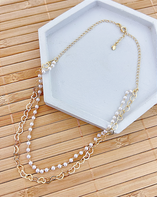 Colar Chocker Dupla Elo Corações e Perolas 37cm - Banho de Ouro 18k