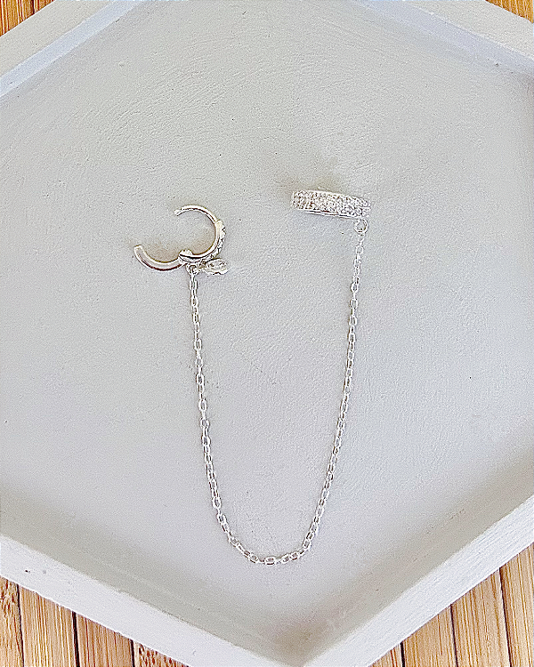 Brinco Ear Line Argolinha Cravejada Click e Piercing Fake Cravejado UNIDADE - Prata 925