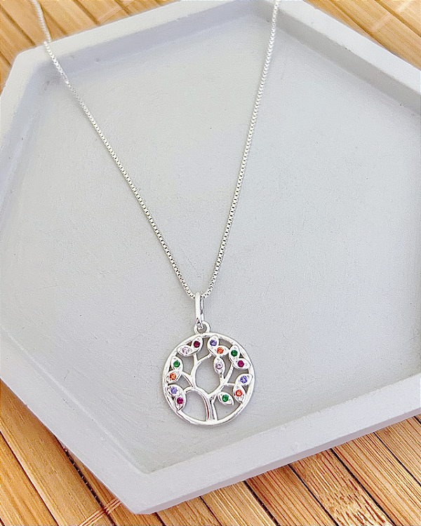 Colar Árvore da Vida Cravejada Colorida Veneziana 60cm - Prata 925