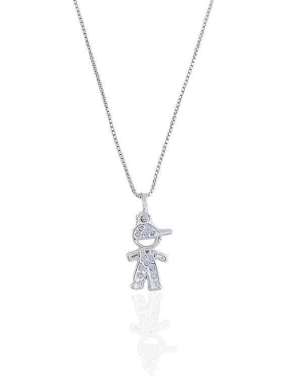 Colar Menino Boné e Roupa Cravejado Veneziana 45cm - Prata 925