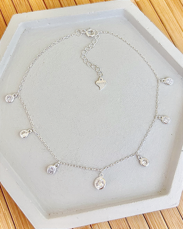 Tornozeleira 7 Pontos de Luz  22cm + 3cm de Extensor - Prata 925