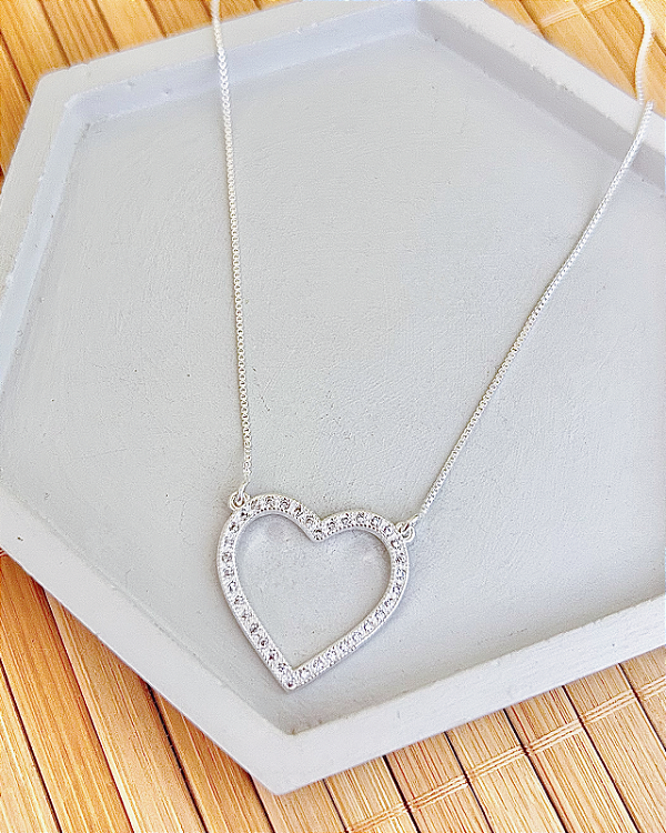 Colar Coração Vazado Cravejado Veneziana 2,4cm 45cm - Prata 925