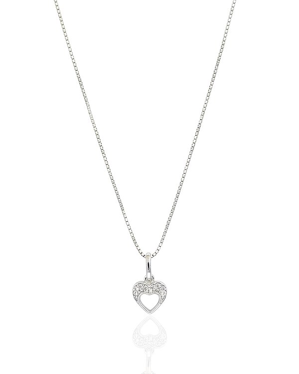Colar Coração Vazado com  Borda Superior Cravejada Veneziana 45cm - Prata 925