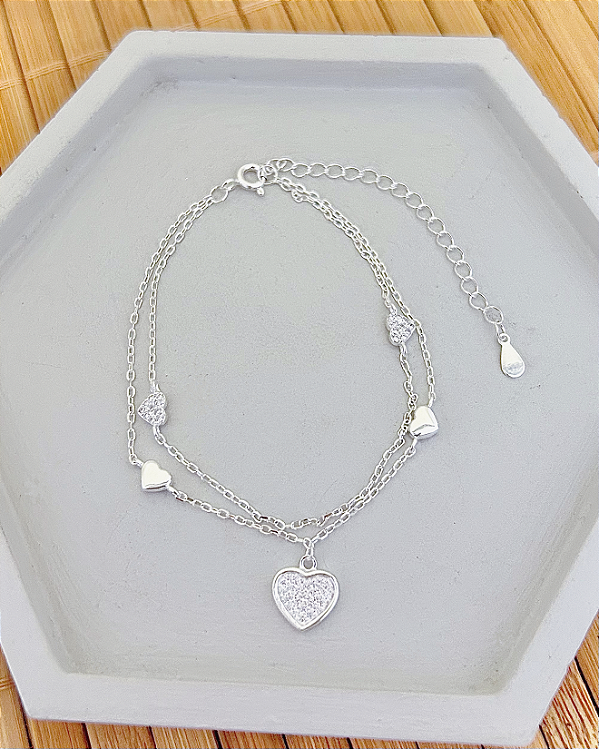Pulseira Dupla Com Corações Cravejados 15,5cm + 5cm de Extensor - Prata 925