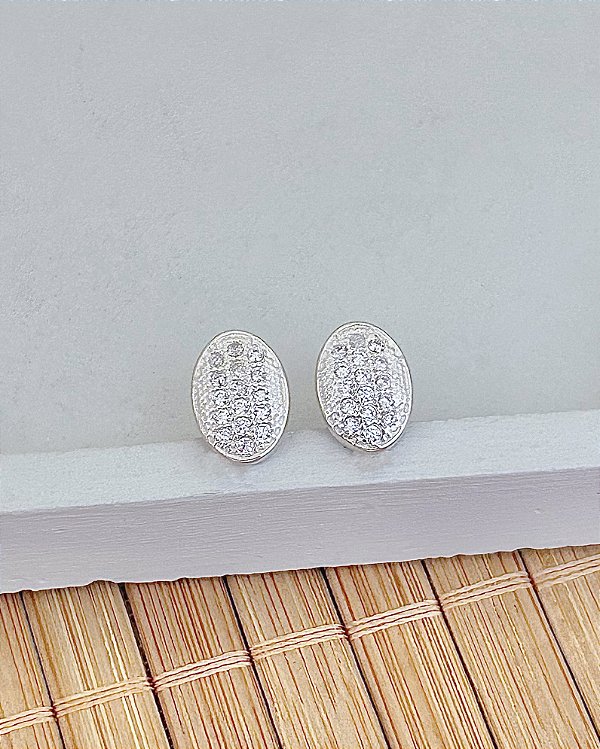 Brinco Círculo Oval Cravejado 3,4cm - Prata 925
