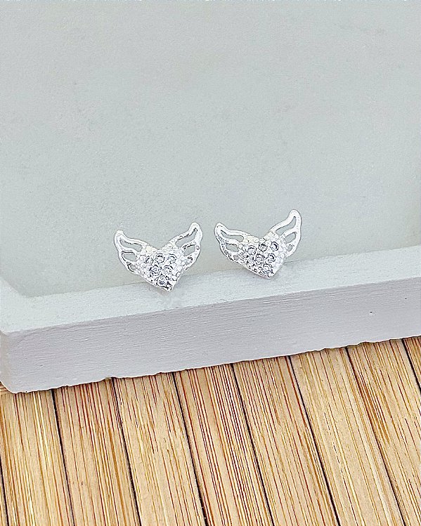 Brinco Coração Alado Cravejado 1,1cm - Prata 925