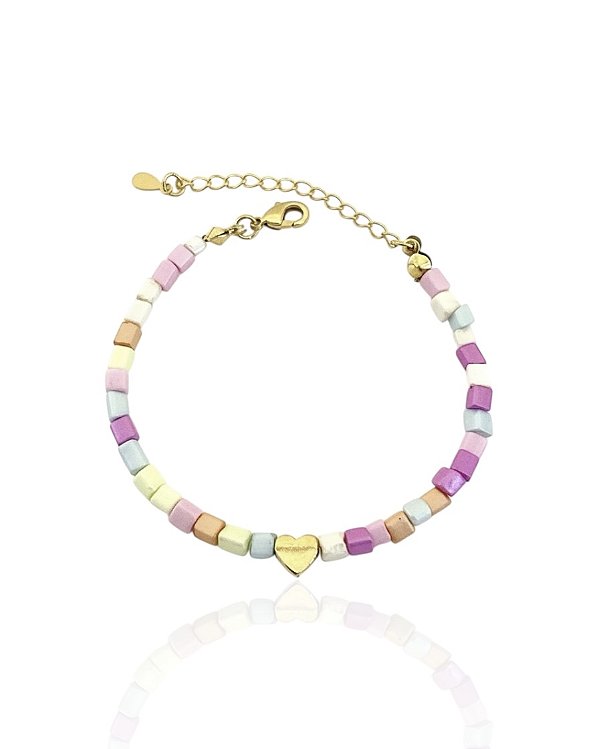 Pulseira Infantil Miçangas Coloridas Quadradas com Coração 15cm + 4cm de Extensor- Banho de Ouro 18k