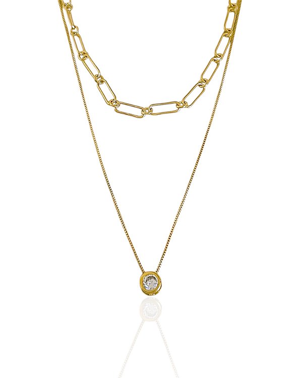 Colar Chocker Dupla Elo Longo e Veneziana com Ponto de Luz 37cm - Banho de Ouro 18k