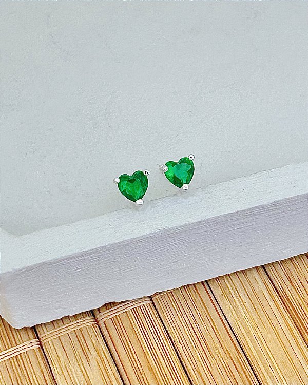 Brinco Coração Zircônia Verde 0,4cm - Prata 925