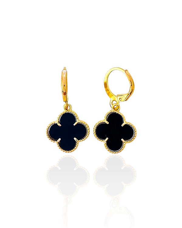 Brinco Argolinha Trevo Resina Preto - Banho Ouro 18k