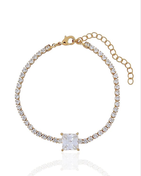 Pulseira Riviera com Zircônia Quadrada 19cm - Banho de Ouro 18k