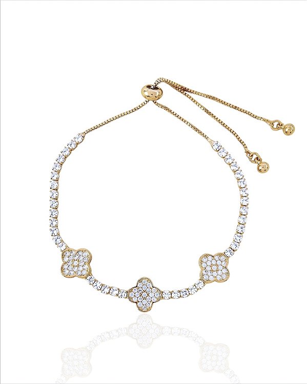 Pulseira Riviera com 3 Trevos Cravejados de Zircônia Regulável - Banho de Ouro 18k