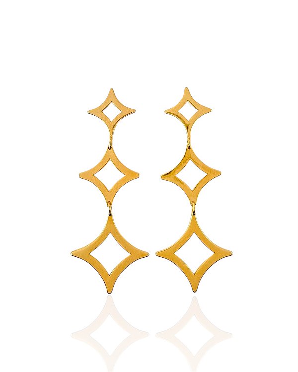 Brinco Longo 3 Estrelas de 4 Pontas Vazado 6,5cm - Banho de Ouro 18k