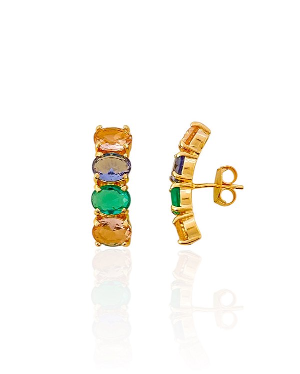 Brinco Ear Hook 4 Zircônias Ovais Coloridas - Banho de Ouro 18k