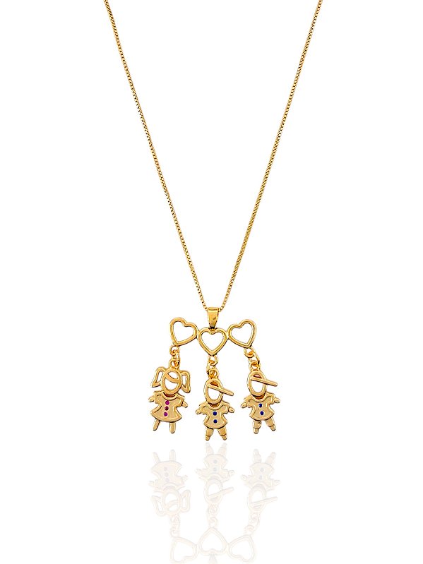 Colar Filhos (Uma Menina e Dois Meninos) Veneziana 45cm - Banho de Ouro 18k