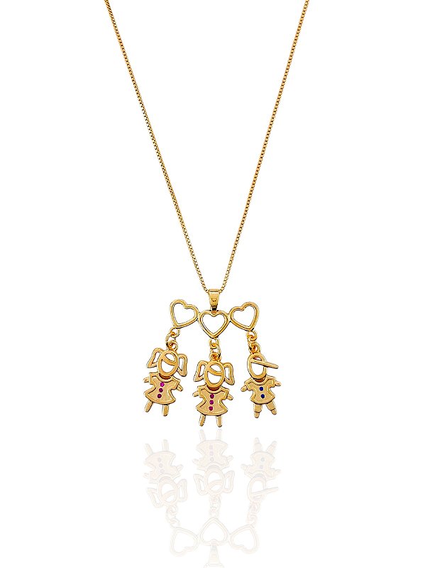Colar Filhos (Duas Meninas e um Menino) Veneziana 45cm - Banho de Ouro 18k