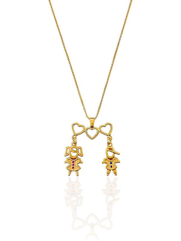 Colar Filhos (Uma Menina e um Menino) Veneziana 45cm - Banho de Ouro 18k