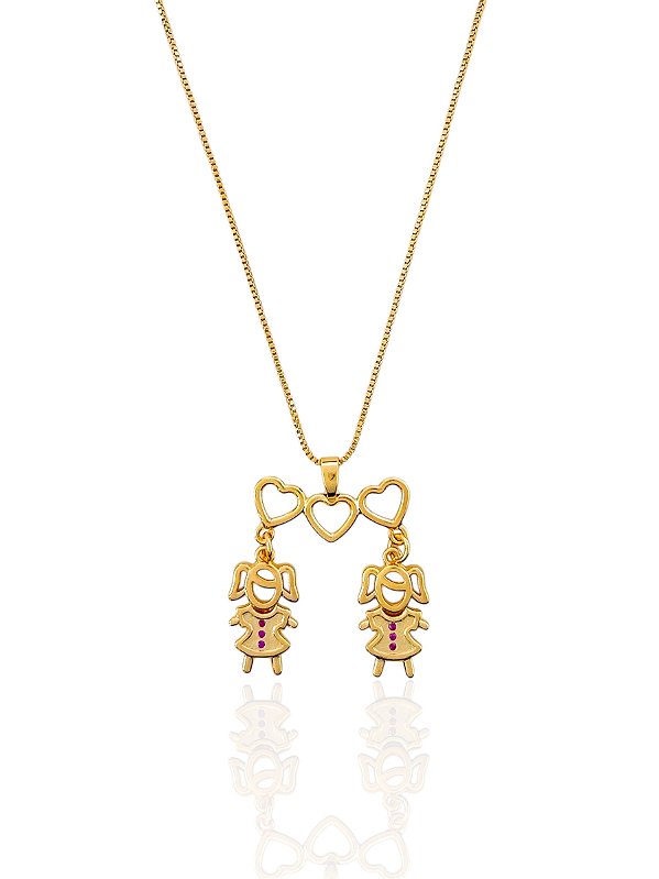 Colar Filhos (Duas Meninas) Veneziana 45cm - Banho de Ouro 18k
