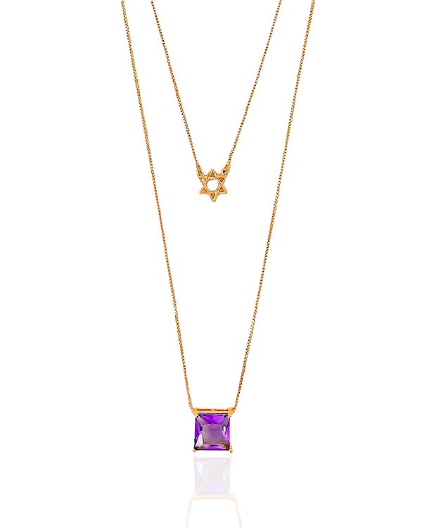 Colar Duplo Estrela de Davi e Zircônia Quadrada Veneziana 50cm + 5cm de Extensor - Banho de Ouro 18k