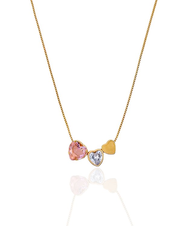 Colar 3 Corações Veneziana 45cm - Banho de Ouro 18k
