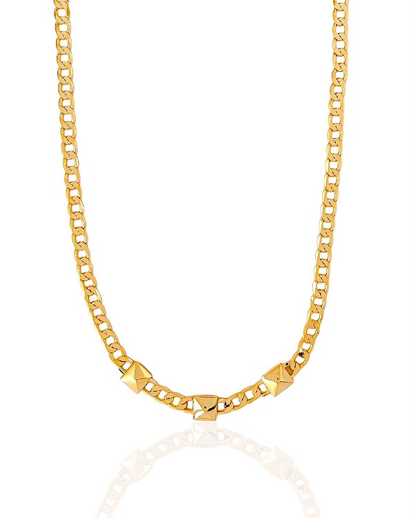 Colar Elo Grumet com 3 Spike 45cm + 10cm de Extensor - Banho de Ouro 18k
