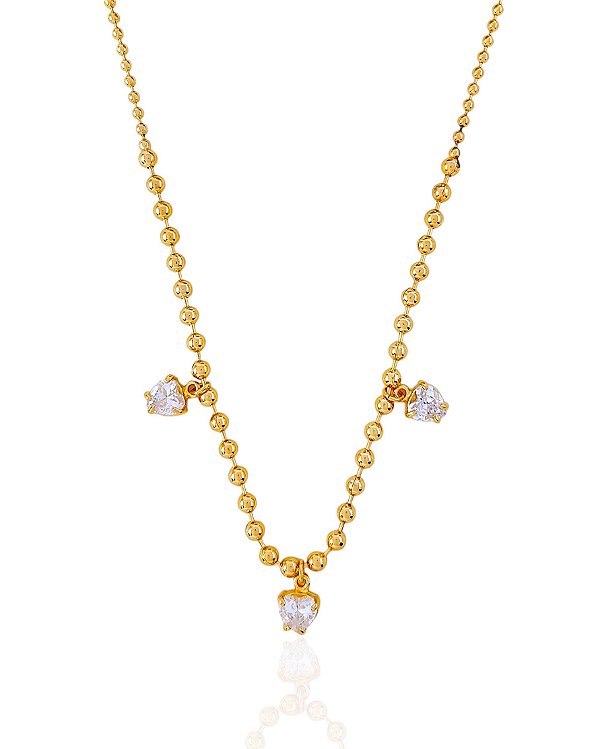 Colar 3 Corações Zircônia com Corrente Bolinha 45cm - Banho de Ouro 18k