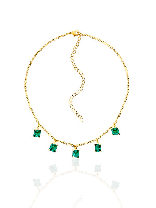 Colar Chocker Elo Português com 5 Zircônias Turmalina Quadrada - Banho de Ouro 18k