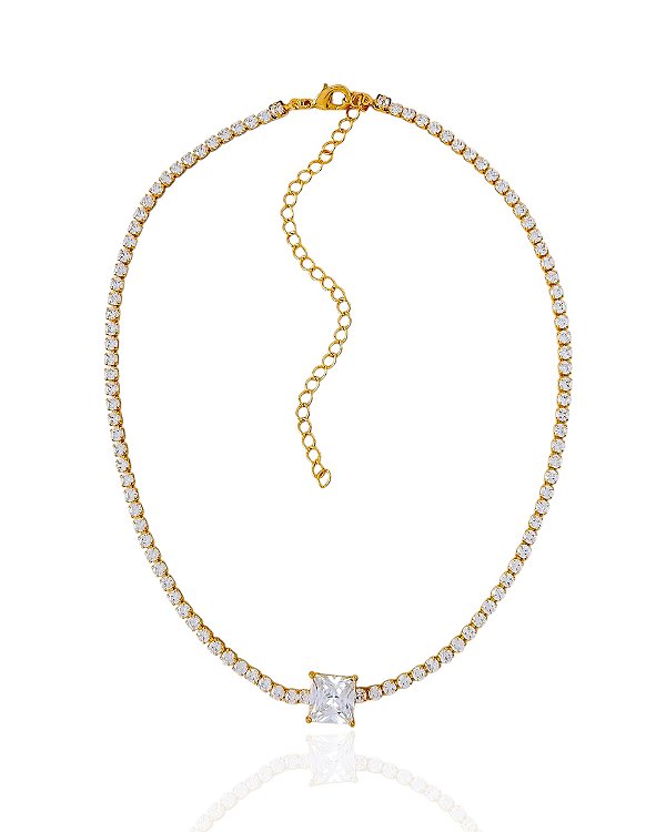 Colar Riviera Cristal com Zircônia quadrada 32cm + 10cm de Extensor - Banho de Ouro 18k