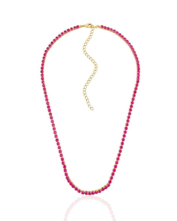 Colar Riviera Rosa 40cm + 10cm de Extensor - Banho de Ouro 18k
