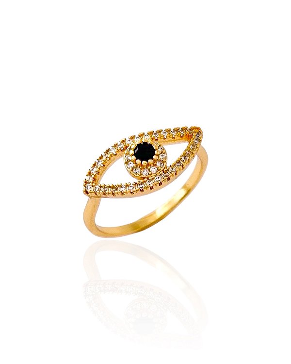 Anel Olho Grego Preto Vazado Com Contorno Cravejado Cristal - Banho de Ouro 18k